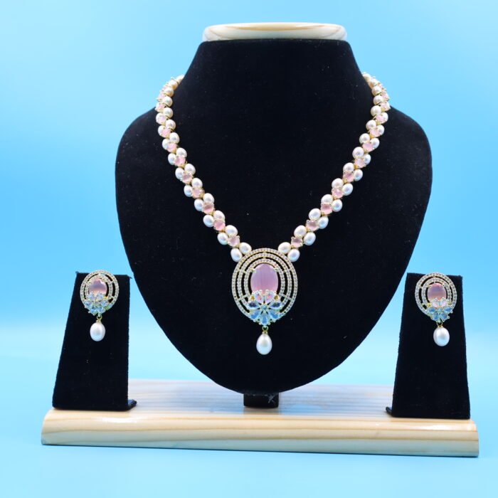 CZ Ruby Pendant Oval Pearl Necklace - Image 2