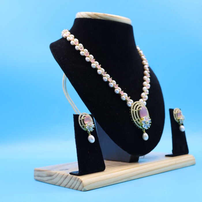 CZ Ruby Pendant Oval Pearl Necklace - Image 4