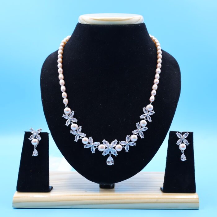 CZ Flower Pendant Pink Pearl Necklace - Image 2