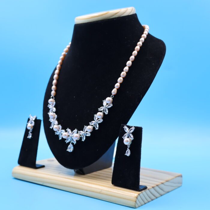 CZ Flower Pendant Pink Pearl Necklace - Image 3