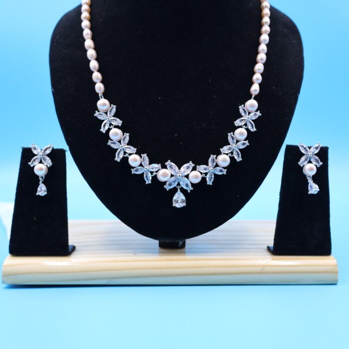 CZ Flower Pendant Pink Pearl Necklace - Image 5