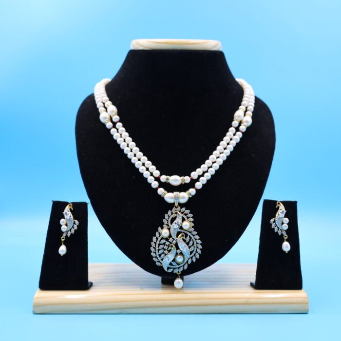 CZ Peacock Pendant Pearl Necklace Set - Image 2