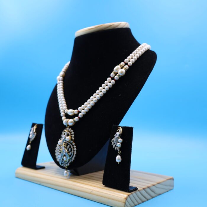 CZ Peacock Pendant Pearl Necklace Set - Image 3