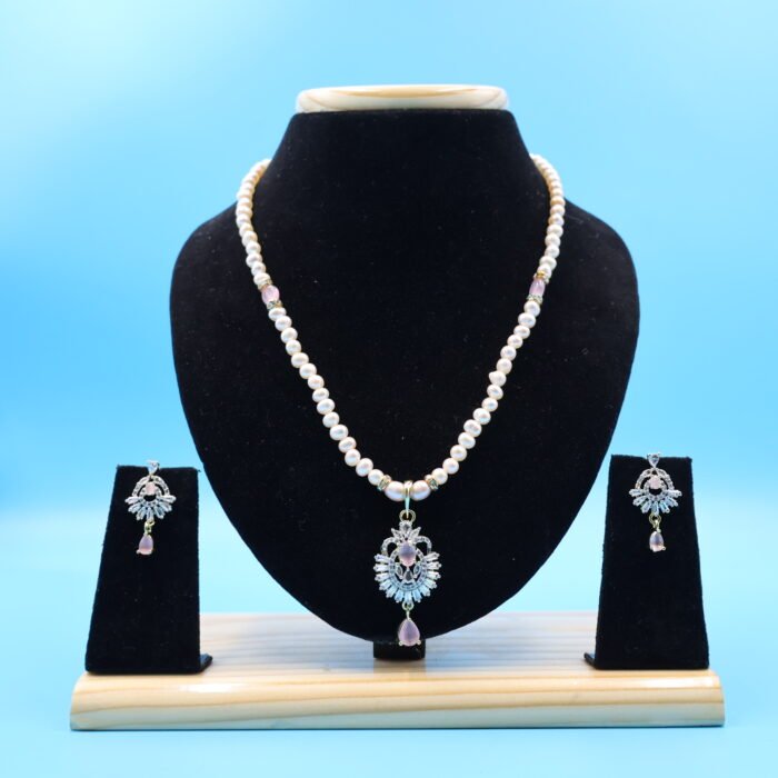 CZ Pendant Pink Pearl Necklace - Image 2