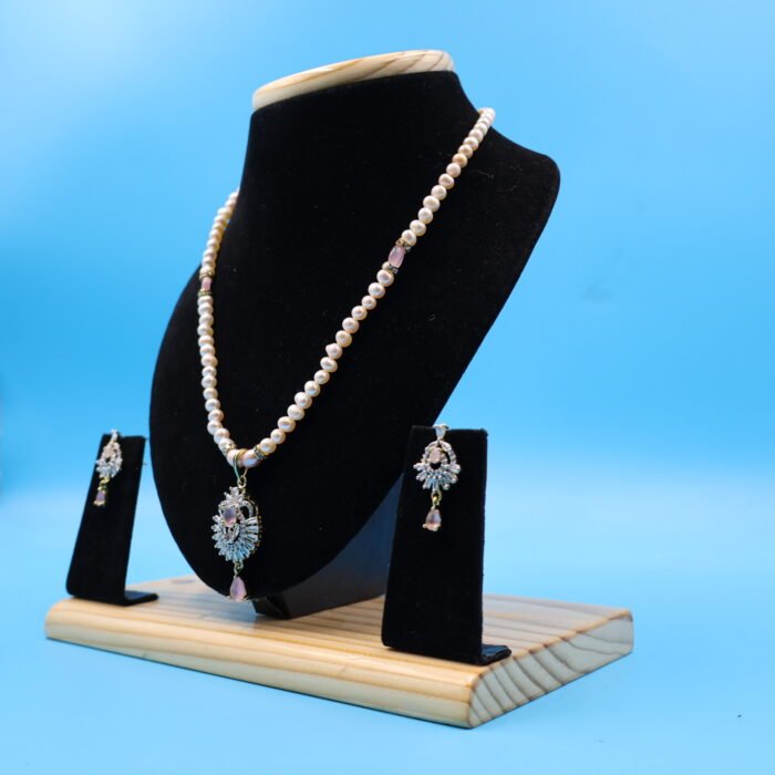 CZ Pendant Pink Pearl Necklace - Image 3