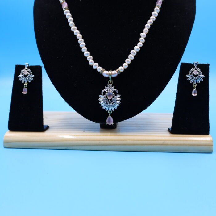 CZ Pendant Pink Pearl Necklace - Image 5