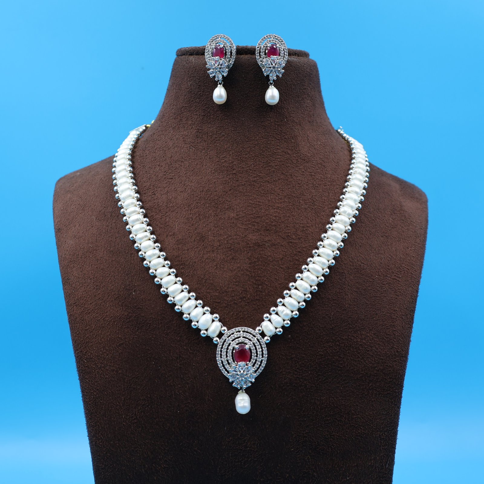 CZ Ruby Oval Pearl Necklace - Image 5