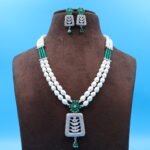 Two Layer CZ Emerald Pendant Pearl Necklace - Image 2