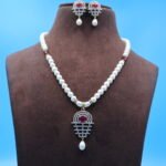 CZ Ruby Pendant Pearl Necklace - Image 2