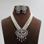 CZ Pink Stone Pendant Pearl Necklace Set - Image 2