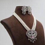 CZ Pink Stone Pendant Pearl Necklace Set - Image 3