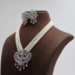 CZ Pink Stone Pendant Pearl Necklace Set - Image 4
