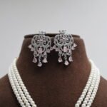 CZ Pink Stone Pendant Pearl Necklace Set - Image 5