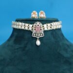 CZ Pink Stone Button Pearl Choker