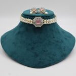 CZ Pink Stone Pendant Pearl Choker - Image 2