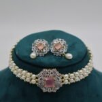 CZ Pink Stone Pendant Pearl Choker - Image 4