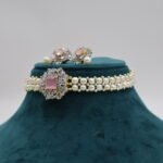 CZ Pink Stone Pendant Pearl Choker - Image 3