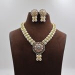 CZ Pink Stone Button Pearl necklace - Image 2