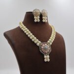 CZ Pink Stone Button Pearl necklace - Image 4